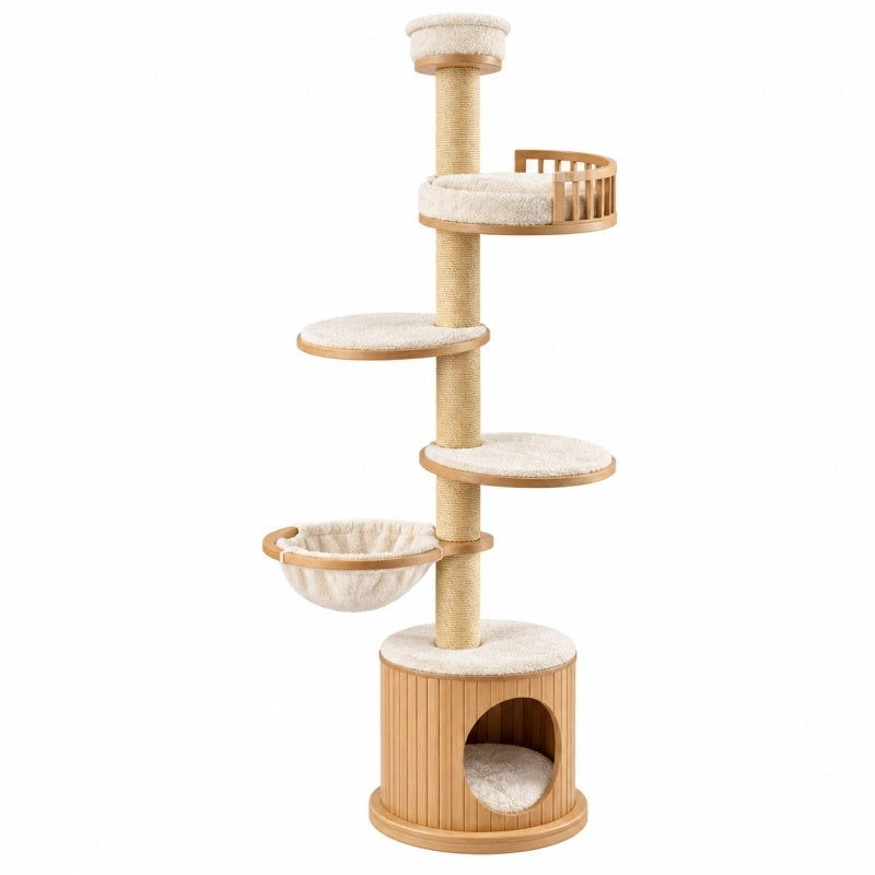 Beiger Kratzbaum aus Holz und Sisal mit Höhle, Liegeflächen und Hängematte für Katzen, Maße 60x60x160 cm.