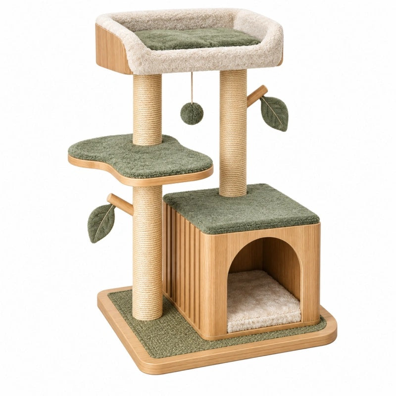 Großer Cozyhousepro Kratzbaum aus Sisal, Plüsch und Holz in Grün-Beige, mit Höhle, Liegefläche und Spielzeug für Katzen.