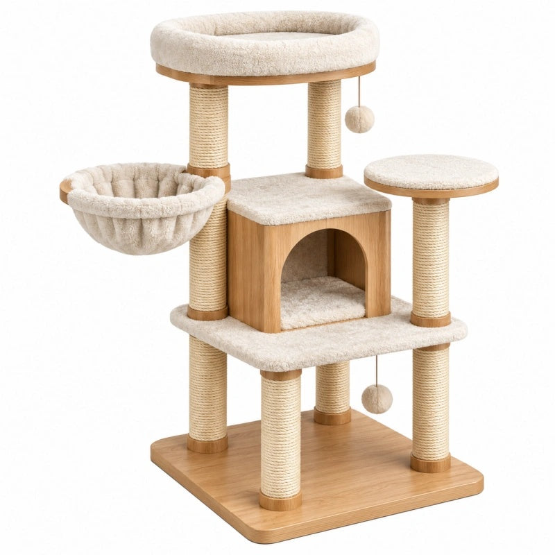 Beiger Katzenbaum aus Holz mit Sisal, Höhle, Liegeflächen und Hängematte, 60 x 60 x 120 cm, Cozyhousepro
