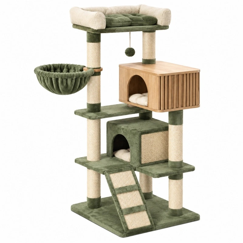 Katzenkratzbaum von Cozyhousepro, 150 cm hoch, mit Sisal, Holz, Höhlen, Liegeflächen und Hängematte in Olivgrün und Beige