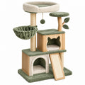 Heller grüner und beiger Cozyhousepro Kratzbaum aus Holz mit Katzenhöhlen, Hängematte und Kratzrampe für Katzen.