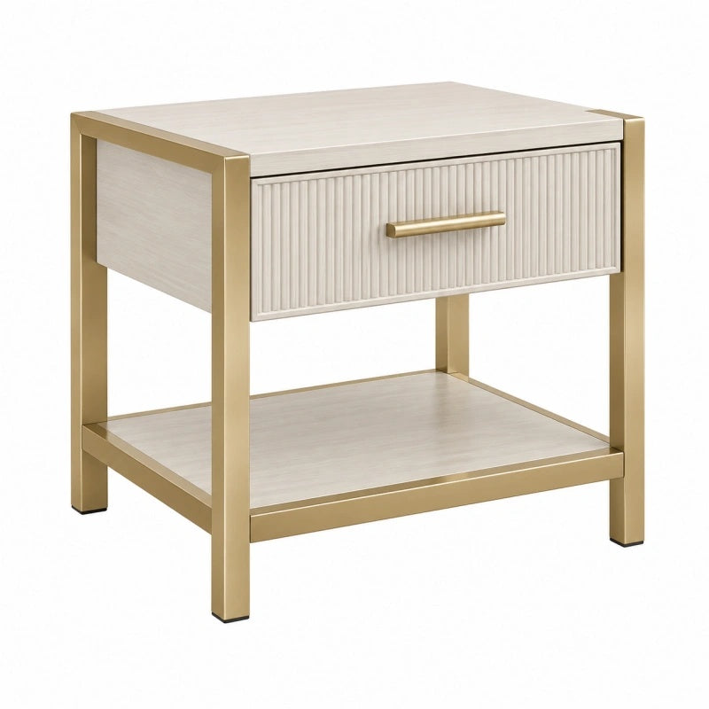 Moderner Nachttisch aus Holzwerkstoff in Beige und Gold, 50x40x60 cm mit Schublade und Ablage, stilvoll und funktional