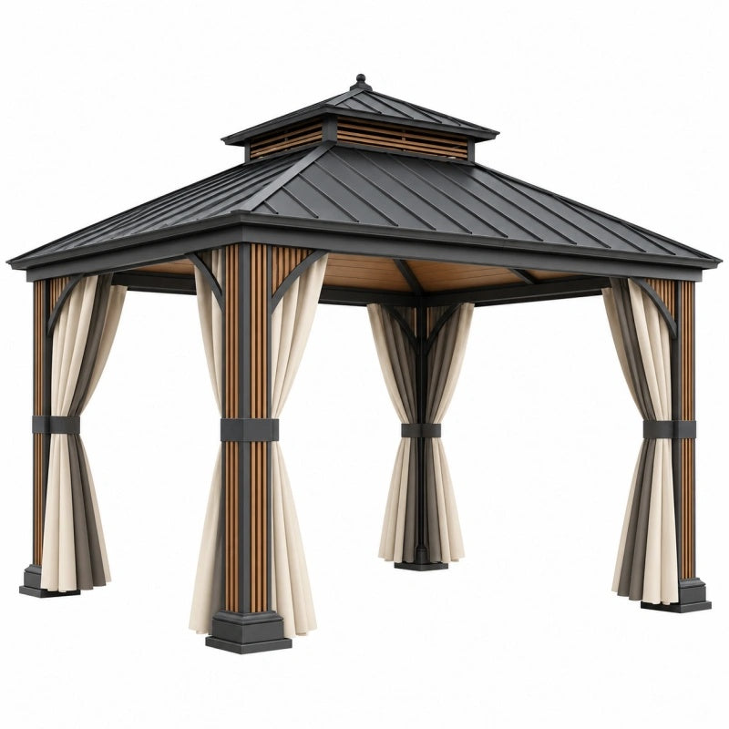 Gartenpavillon 300 x 300 x 300 cm Metall Schwarz Beige mit Vorhängen