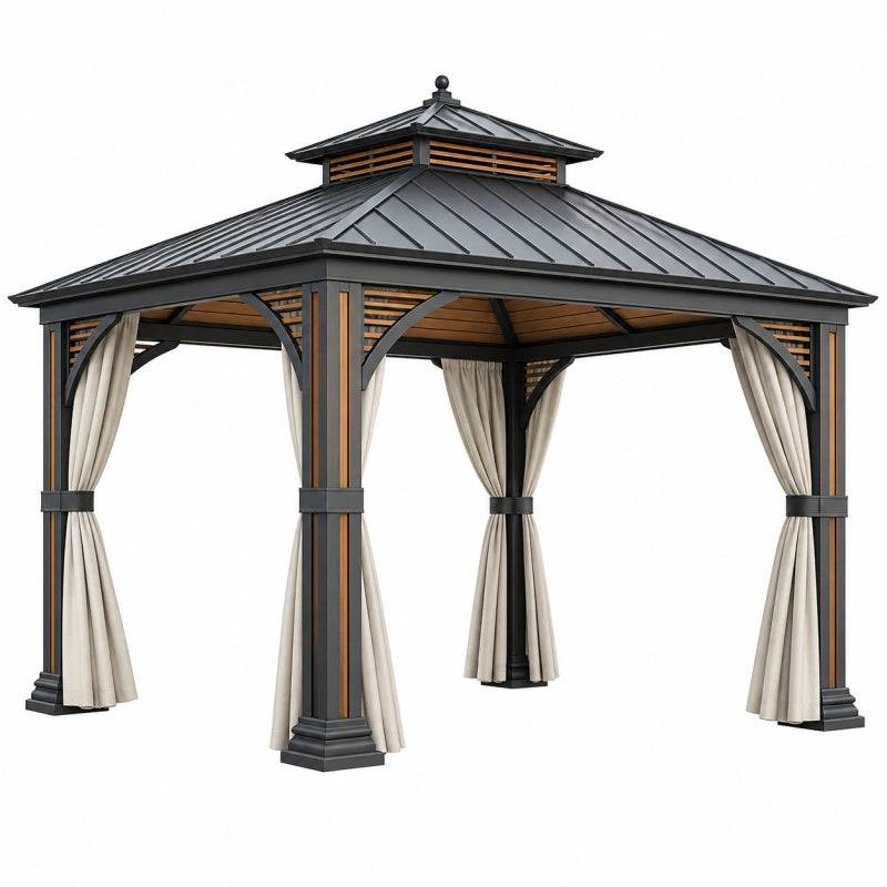 Gartenpavillon 300 x 300 x 300 cm Metall Anthrazit Beige mit Vorhängen klassisch