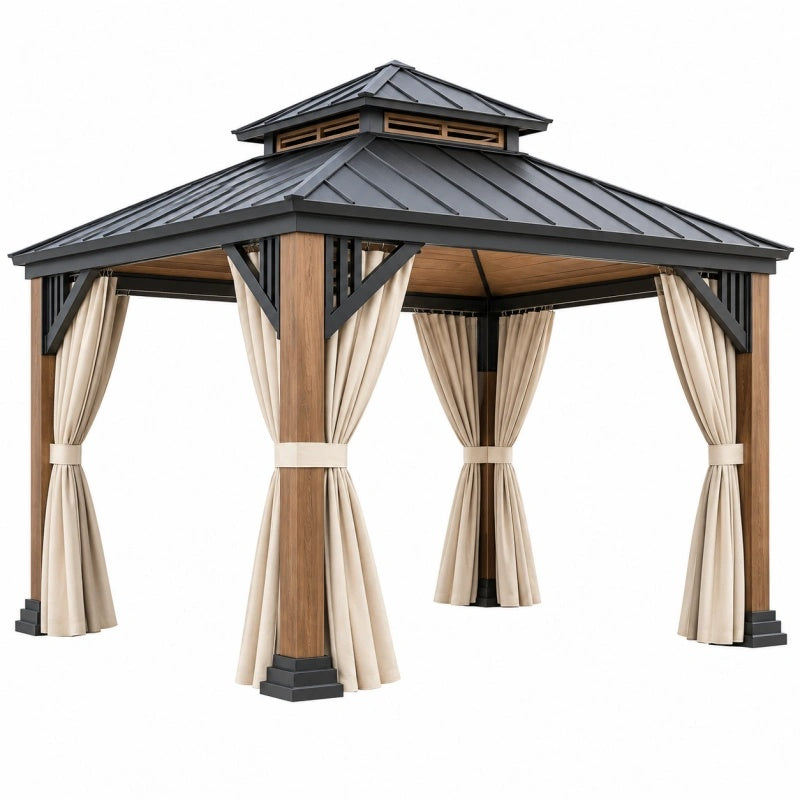 Gartenpavillon 300 x 300 x 300 cm Metall Textil Beige Anthrazit mit Vorhängen