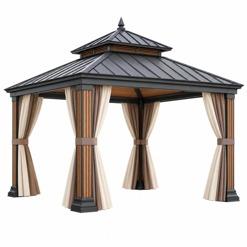 Gartenpavillon 300 x 300 x 300 cm aus Metall Schwarz Beige mit Vorhängen