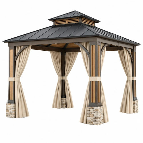 Gartenpavillon aus Metall mit Holzoptik, 400 x 400 cm, beige, mit Vorhängen und Belüftungsdach, Cozyhousepro