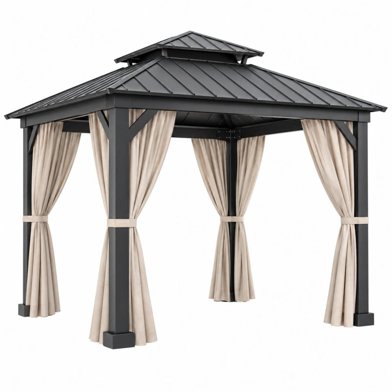 Metall Pavillon 300x300 cm in Anthrazit Beige mit Hartdach und Vorhängen, wetterfest und stabil, ideal für Garten und Terrasse