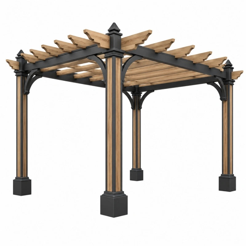 Schwarze Gartenpergola aus Holz und Metall, 300x300x240 cm, mit Rankhilfe und natürlichem Design von Cozyhousepro