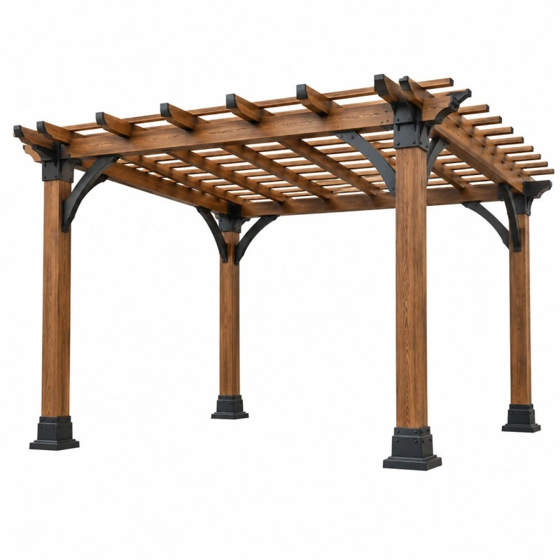 Holz-Pergola von Cozyhousepro, 366x305x244 cm, braun mit Metallbeschlägen, für Garten und Terrasse, im Außenbereich sichtbar