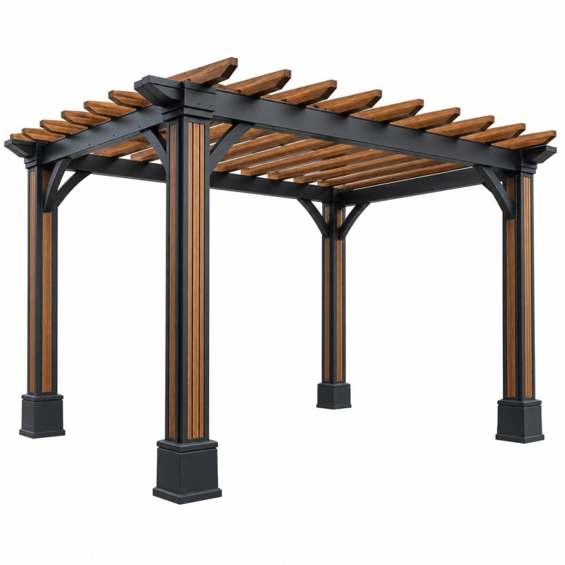 Gartenpergola 300 x 300 x 230 cm aus Metall und Holz in Schwarz Braun mit offenem Lamellendach