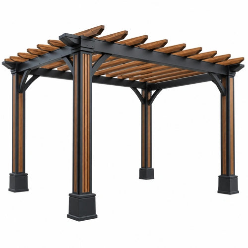Schwarze und braune Gartenpergola aus Metall und Holz mit offenem Lamellendach, Maße 300 x 300 x 230 cm, von Cozyhousepro