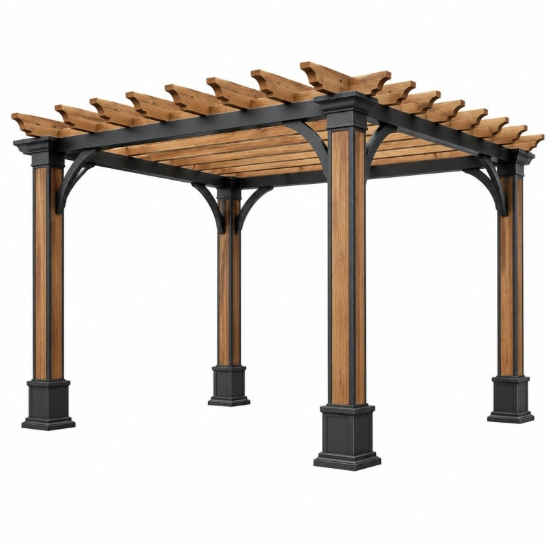 Holz- und Metall-Pergola 300x300x230 cm in Naturbraun und Schwarz mit Lamellendach für Garten, vielseitige Gartenüberdachung