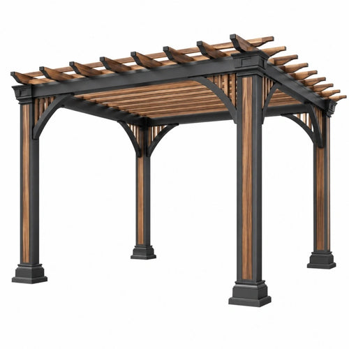 Schwarze oder braune Gartenpergola aus Metall mit offenem Lamellendach, Maße 300 x 300 x 230 cm, von Cozyhousepro