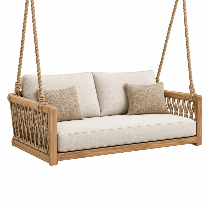 Cozyhousepro Hängesofa Schaukelbank aus Holz und Seil, naturbeige mit Textilpolsterung, 150 x 75 x 70 cm