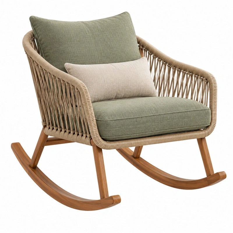 Grüner Schaukelstuhl aus Holz und Flechtkordel, Maße 85x75x90 cm, natürlicher Braunton, gemütlicher Sitzplatz von Cozyhousepro