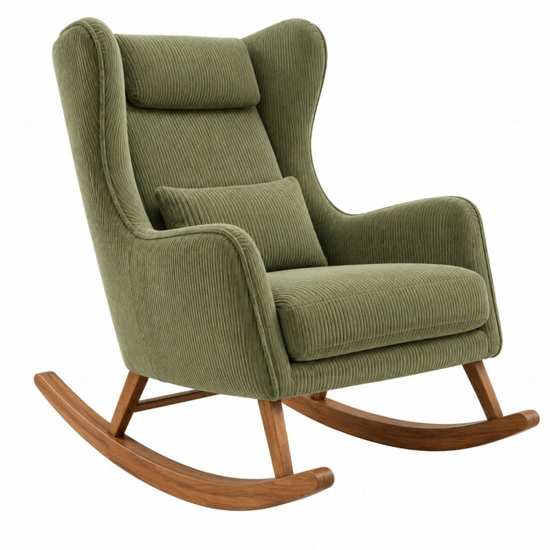 Grüner Schaukelstuhl aus Cordstoff mit Holzgestell, Maße 100x75x105 cm, von Cozyhousepro, gemütlicher Sitzkomfort.