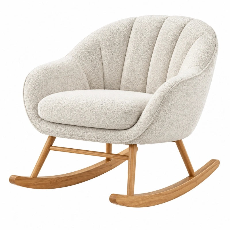 Skandinavischer Schaukelstuhl aus Bouclé in Creme mit Holzgestell, Maße 78x88x91 cm, stilvoll und bequem.