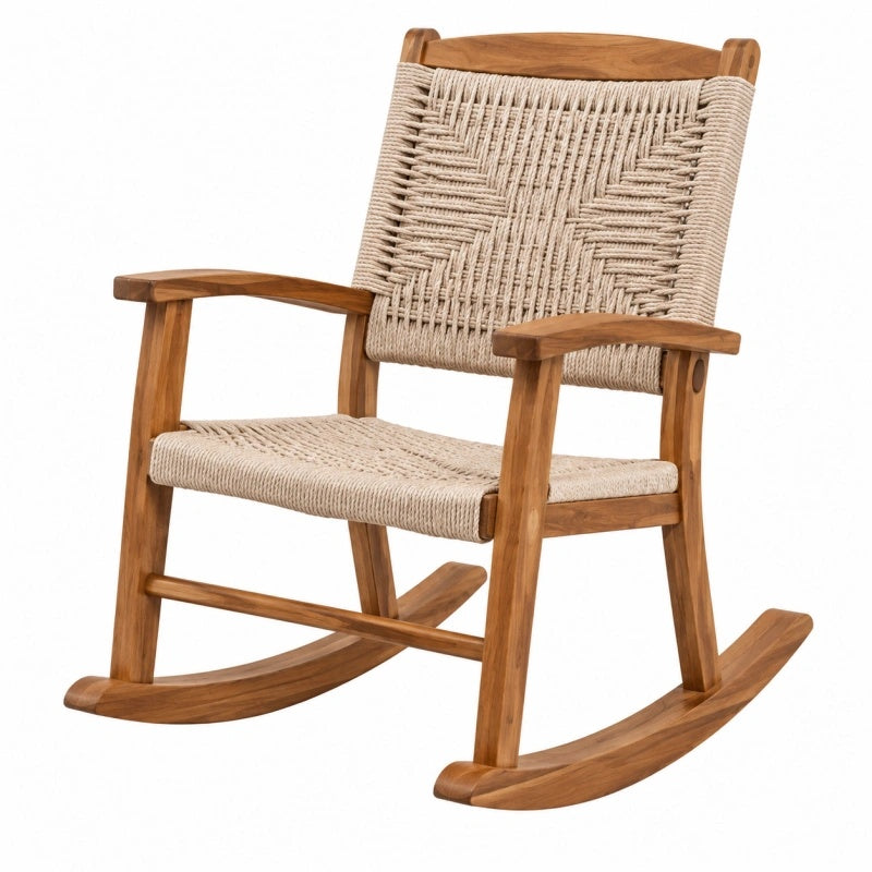 Beiger brauner Schaukelstuhl aus Holz mit Seilgeflecht, Maße 68 x 90 x 100 cm, Cozyhousepro, bequemer Sitz im Innenbereich