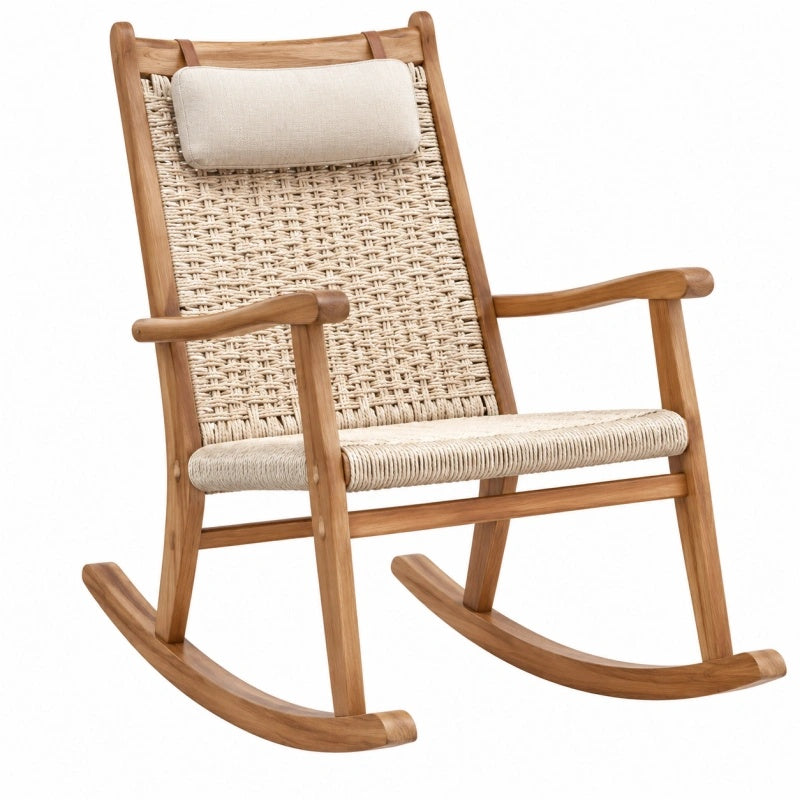 Holz-Schaukelstuhl in Naturbeige mit geflochtener Sitzfläche, Maße 67x95x100 cm, gemütlicher Sitzmöbel von Cozyhousepro