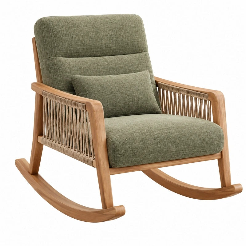 Olivgrüner Schaukelstuhl aus Holz und Textil mit Kordelgeflecht, Maße 90x70x95 cm, gemütlicher Sitzkomfort, Cozyhousepro