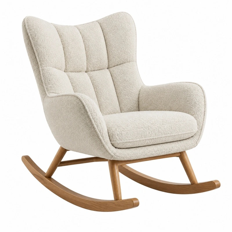 Gemütlicher Schaukelstuhl von Cozyhousepro in Creme Bouclé mit Holzgestell und hoher Rückenlehne, Maße 98x75x105 cm
