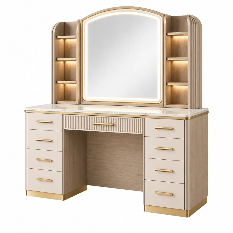 Heller Holzwerkstoff-Schminktisch in Creme und Eichenoptik mit Spiegel, Beleuchtung und Schubladen, 120 x 50 x 180 cm
