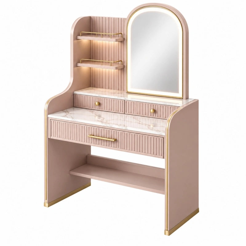 Schminktisch aus Holzwerkstoff in Rosa mit Spiegel, Beleuchtung und Stauraum, Maße 90x45x150 cm, von Cozyhousepro
